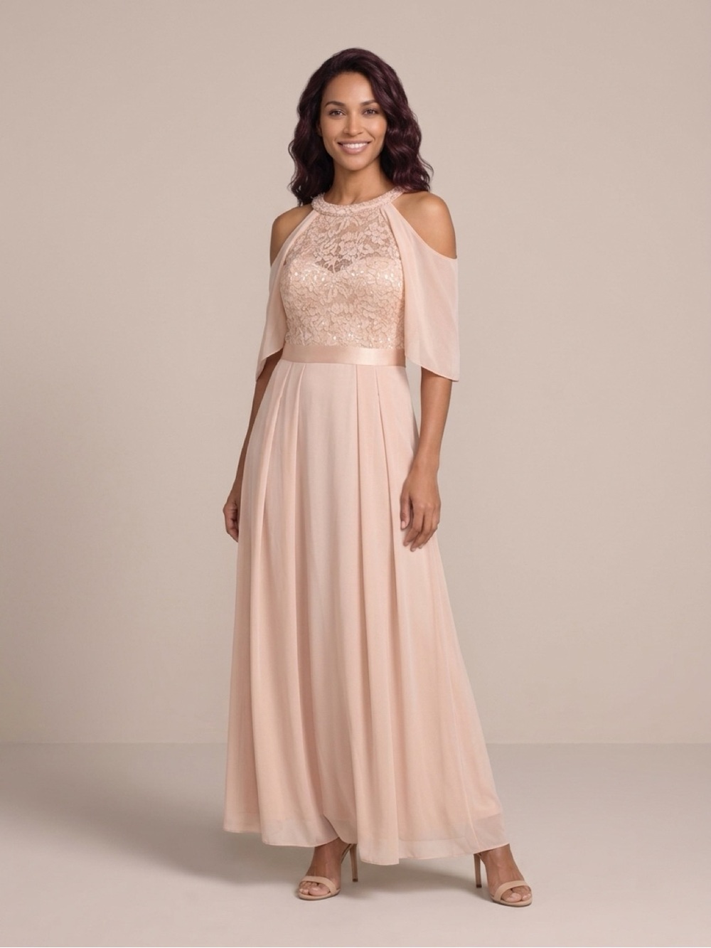Elegant Champaign Cold-Shoulder Lace Evening Dress